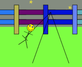 Mr. Smiley at one end of a swing